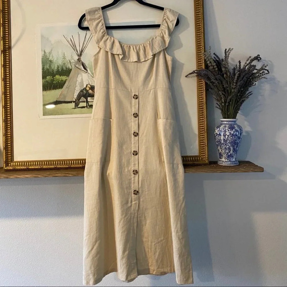 Lush Midi Tank Ruffle Dress Button Pockets - Picture 3 of 9